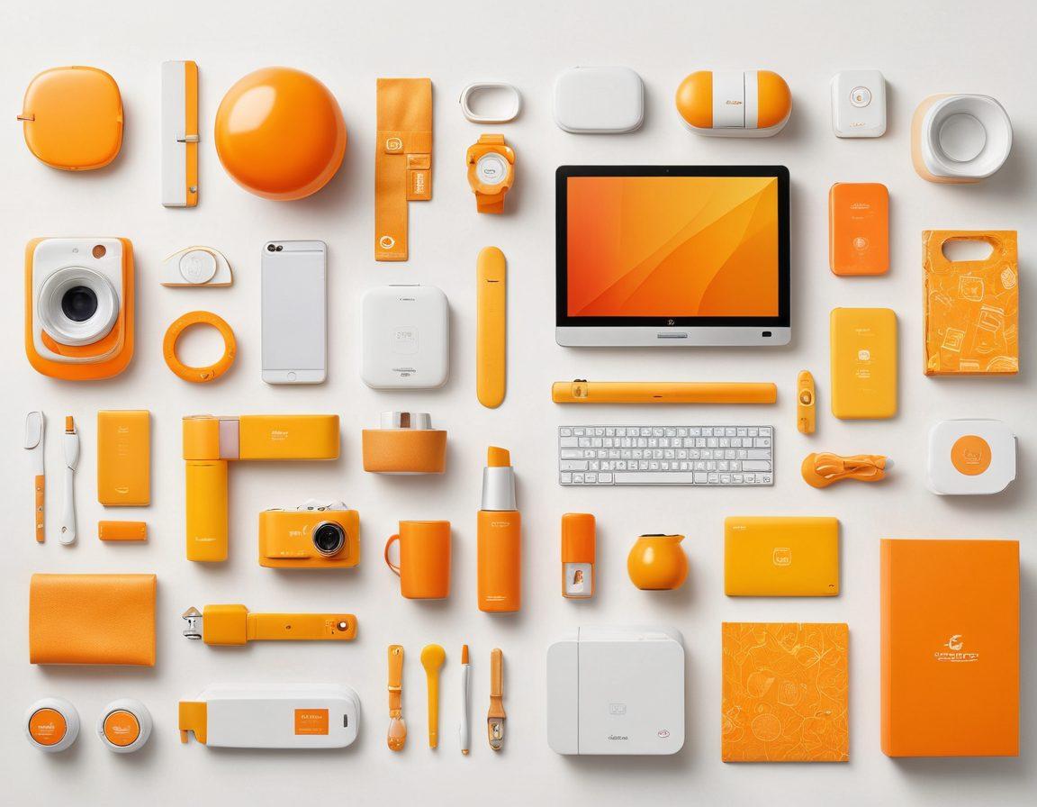 A dynamic collage featuring a variety of innovative Jostins products, including sleek gadgets and stylish home accessories, surrounded by vibrant icons representing services like customer support and delivery. The background should have a subtle gradient of warm colors to evoke excitement and discovery. Super-realistic. Vibrant colors. White background.